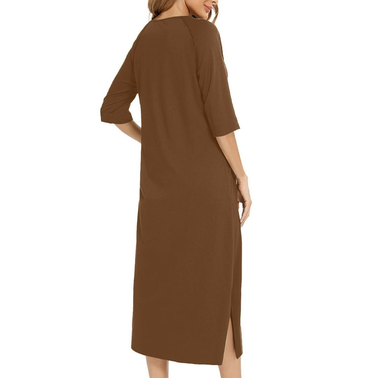 Oksale Side Spli Night Gown for Women with Pockets Full Zip Midi Pajama  Dress Soft 3/4 Sleeve Sleepwear Lightweight Cozy Sleep Shirts Brown M -  Walmart.com