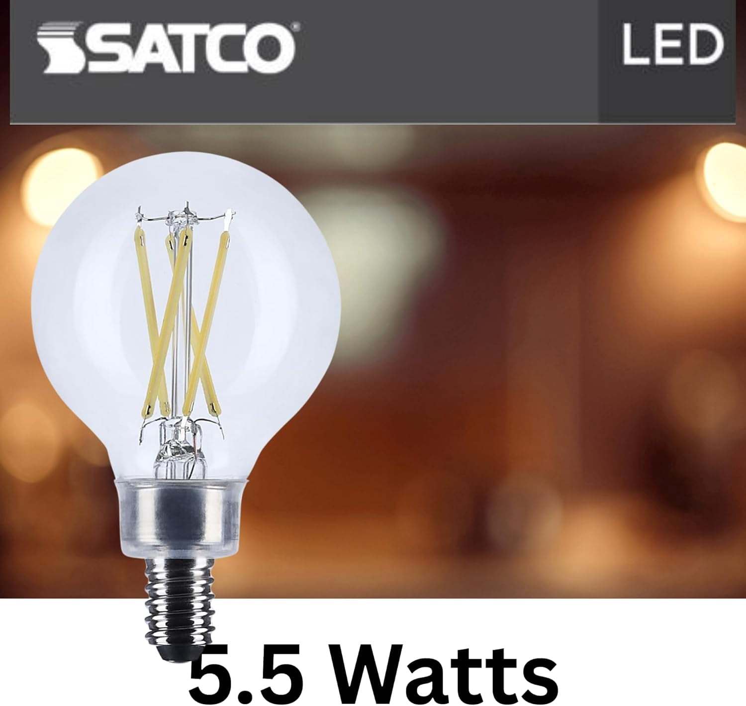 Satco S12477 G16.5 Globe LED Filament Light Bulbs 5.5W 120V 3500K 90+CRI E12 Candelabra Base Dimmable WET Location (6 Pack)