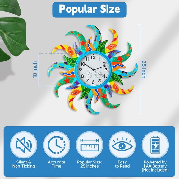 Large Blue Sun Outdoor Clock with Thermometer and Hygrometer Combo, Silent No-Ticking Outdoor Wall Clock, Waterproof Quartz Clock for , Living Room, Kitchen, Garden, 25 Inch