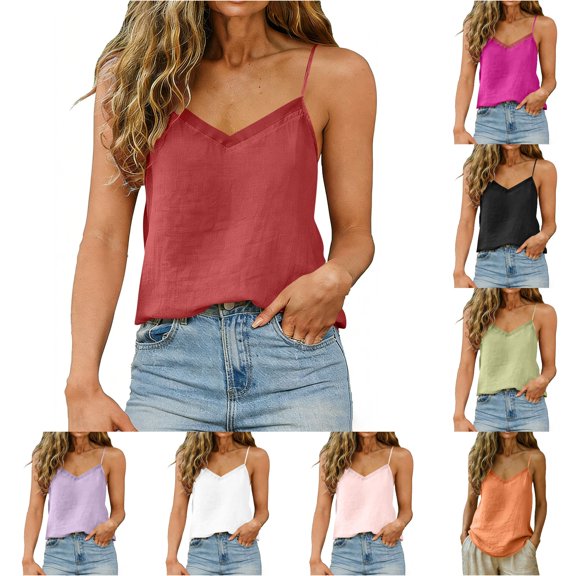 Womens Linen Tank Top Spaghetti Strap V Neck Camisole Top Solid Color Tank for Casual Wear Size 3XL
