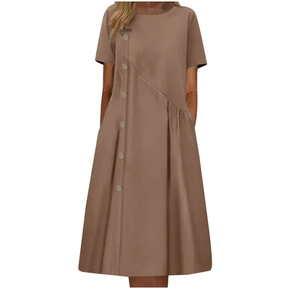 Yuyuzo Plus Size Summer Dresses for Women 2025 Solid Color Crewneck Pockets Dress Short Sleeve Loose Midi T Shirts Dress
