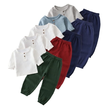 

YTDSCS Toddler Baby Boys Girls Cotton Linen Clothes 2PCS Outfit Kids Solid Long Sleeve Pullover T-Shirt Tops Elastic Waist Pants Spring Summer Set for 6 Months -6 Years