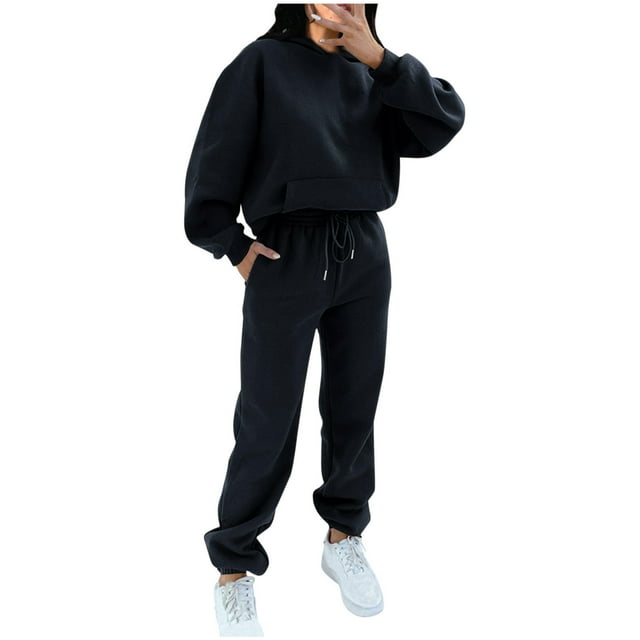PEZHADA Fall Savings Women 2 Piece Outfits Sweatsuit Set Oversized Long Sleeve Hooded Sweatshirt with Pockets Drawstring Sweatpant Lounge Set Tracksuit Black