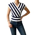 thumbnail image 3 of Women Tops Cap Sleeve Dressy Casual V Neck Stripe Shirts Summer Business Work Blouses Outfits White & Blue M, 3 of 9