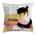 thumbnail image 1 of Fashion House Decor Throw Pillow Cushion Cover, Lady Posing in front of Tramway Sketch Retro Romance Aesthetics, Decorative Square Accent Pillow Case, 18 X 18 Inches, Yellow Purple, by Ambesonne, 1 of 2