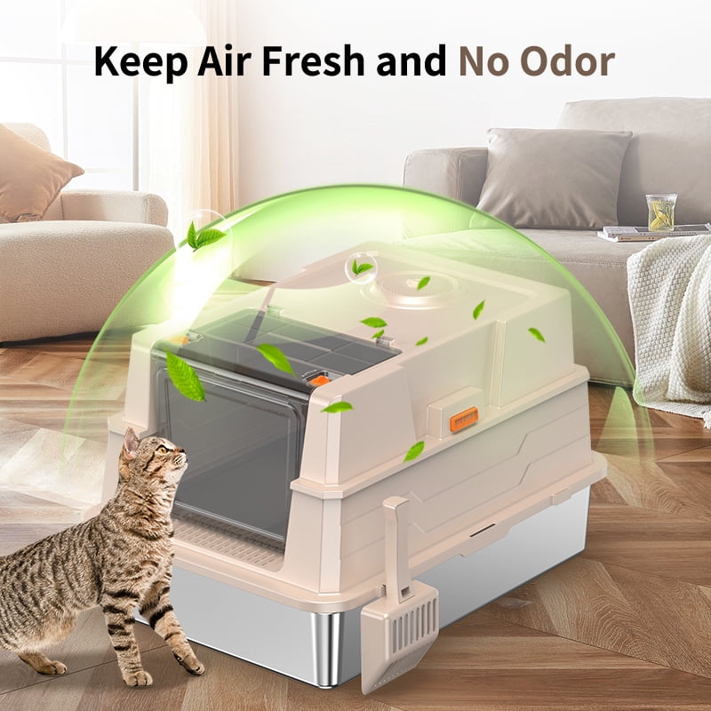 XXL Stainless Steel Cat Litter Box with Lid, 3-in-1 Enclosed Litter Box, 27.5 x 19.7 x 17 Inch Extra Large Metal Litter Pan for Big Cats, Odor Control, High Sided Anti-Leakage, Scoop Included