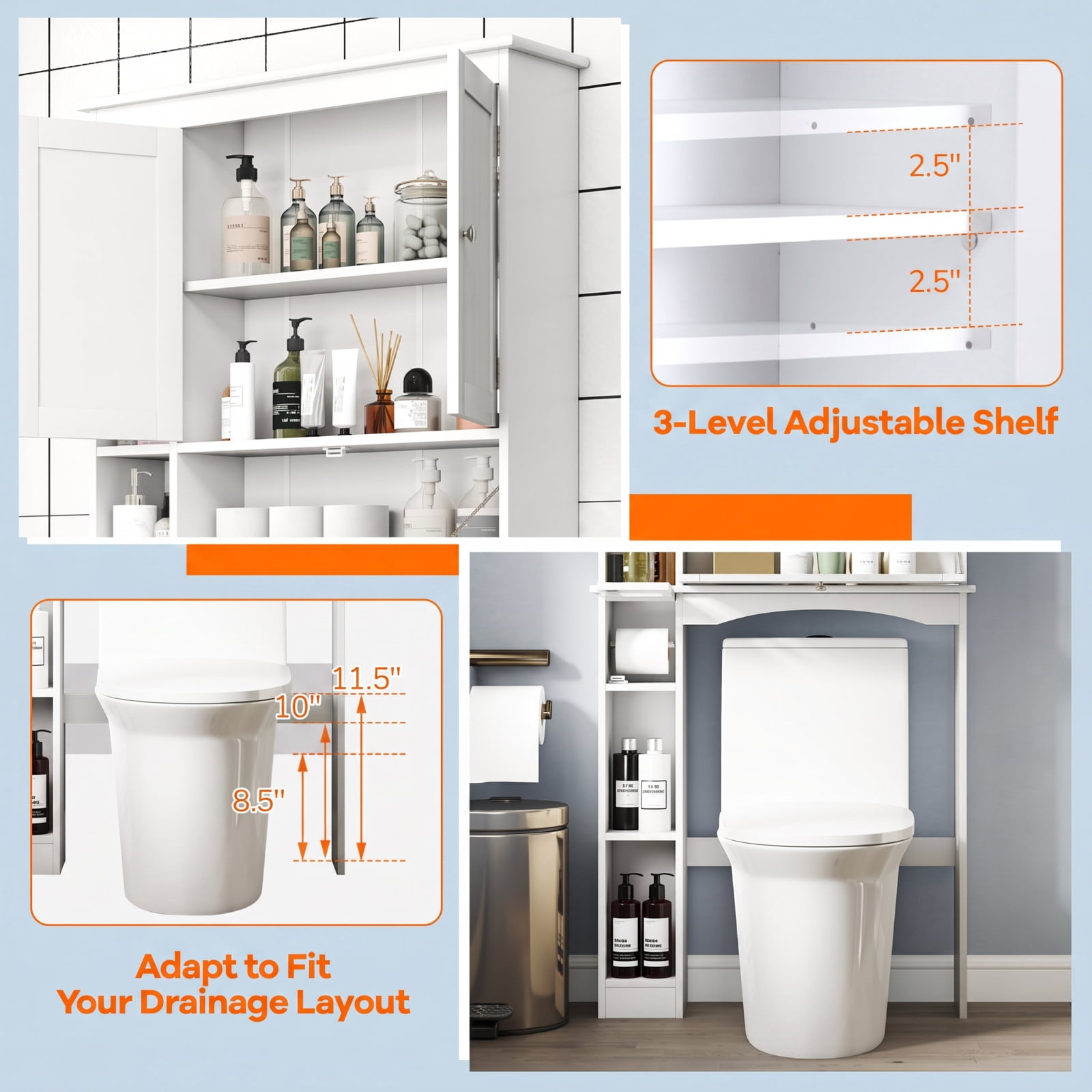 Vebreda Over the Toilet Storage Cabinet with Adjustable Shelf and Bottom Bar and Tissue Box for Bathroom Space Saving Organizer, White