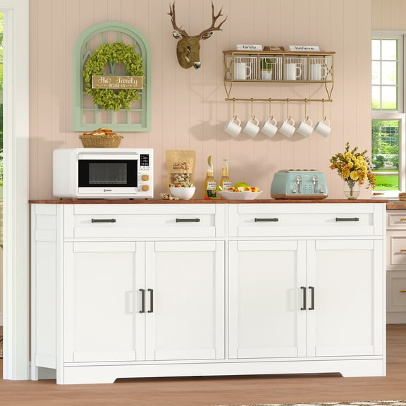 TEENFON 63" Large Sideboard Buffet Cabinet with Adjustable Shelves and Doors, Modern Farmhouse Coffee Bar for Kitchen, Dining Room, White