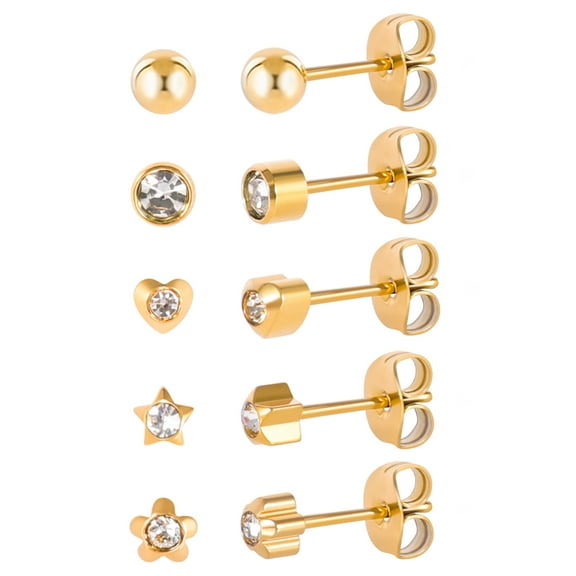 5 Pairs G23 Titanium Stud Earrings for Sensitive Ears, Heart Star Flower Round Ball Cubic Zirconia Stud Earrings Set for Women