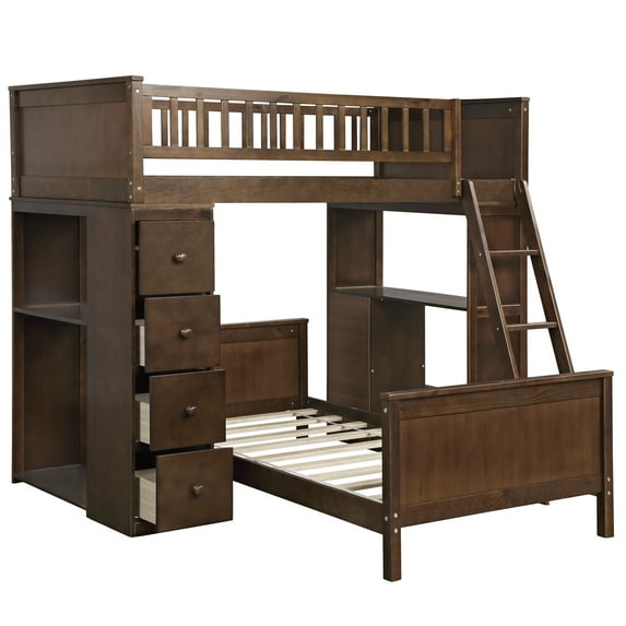 EUROCO Twin over Twin Loft Bed with Four Drawers and Ladder for Kids