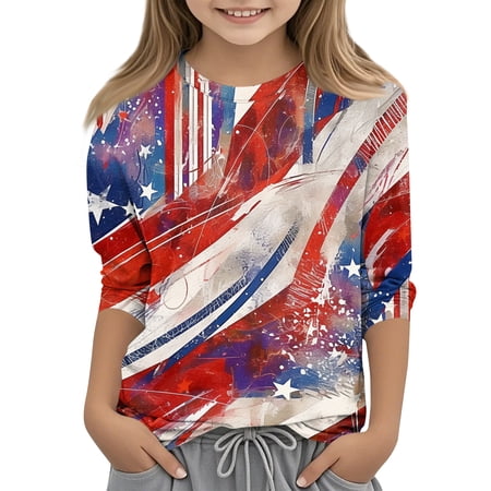 Abcomgle Independent Shirts for Girls Kids 4th Of July Stars and Stripes Print Tee Tops Crewneck 3/4 Sleeve Tees Dressy Patriotic T-Shirt for Toddler