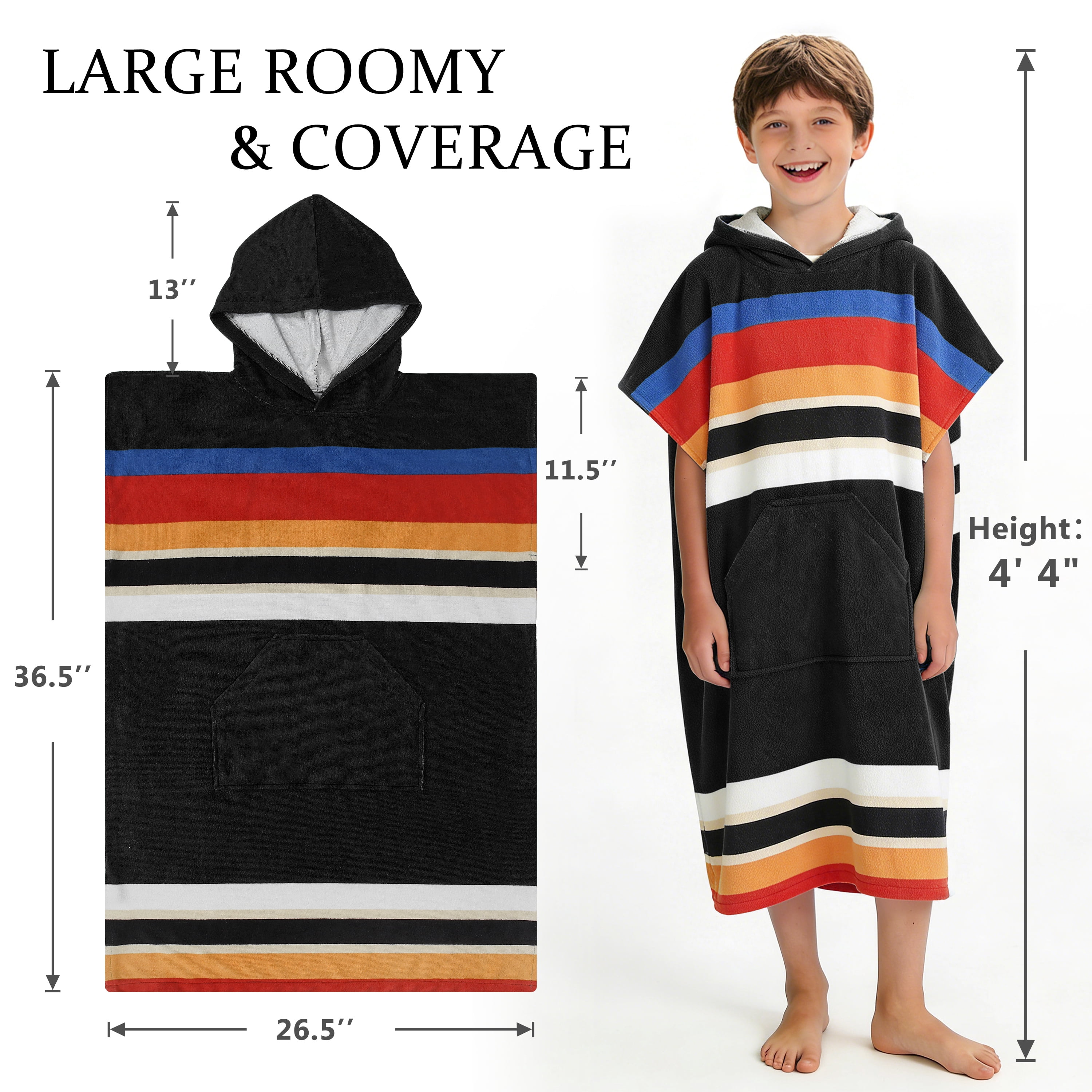 Catalonia Kids Hooded Poncho Towel, 100% Cotton Absorbent Changing Robe for the Beach, Pool, and Bath, Cute Gifts for Childrens (Boys and Girls), Black Stripe