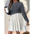 thumbnail image 5 of Women'S Color Block Round Neck Long Sleeve Ruffle Hem Casual A Line Short Dress Dark Gray L, 5 of 7