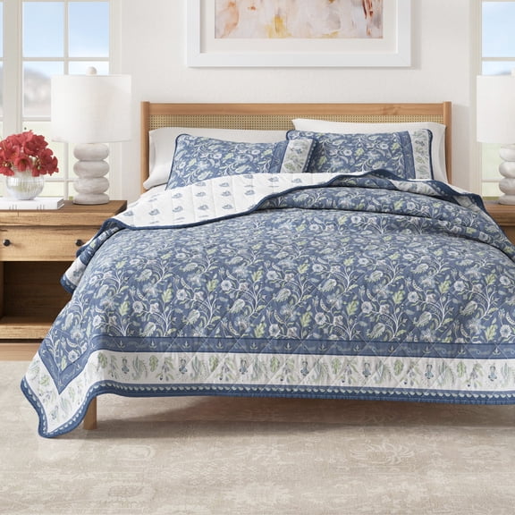 Floral Cotton Quilt Set - Lightweight, Soft, All-Season - 2-Piece Reversible Boho Bedding Set (Twin / Twin XL, Regal Garden - Blue)