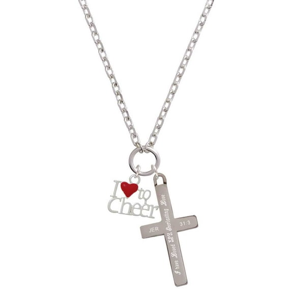 Delight Jewelry Silvertone I love to Cheer with Red Heart Everlasting Love Engraved Cross Zoey Necklace, 28"