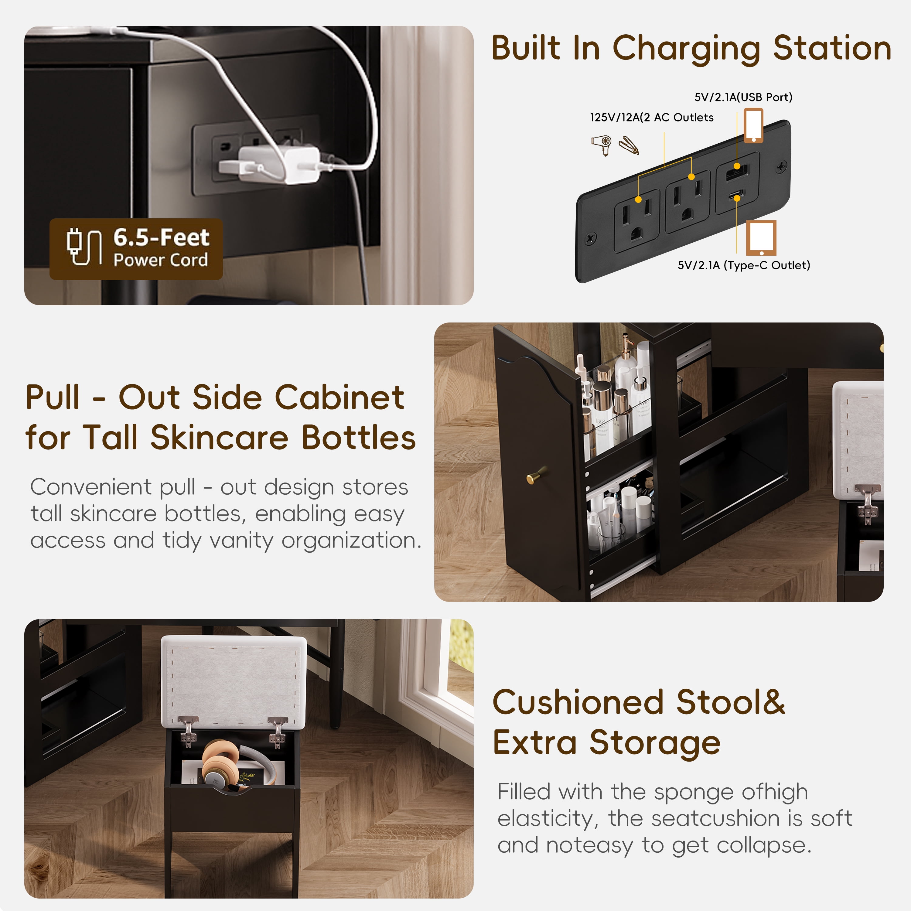 Euroco Corner Vanity Desk Set with Storage Cushioned Stool and Charging Station, Triangle Makeup Desk with Removable Pull-Out Side Cabinet, Glass Tabletop Makeup Vanity Desk,Black