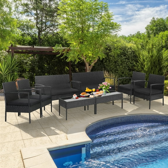 Costway 8 PCS Patio Rattan Furniture Set Cushioned Sofa Armrest Garden Black