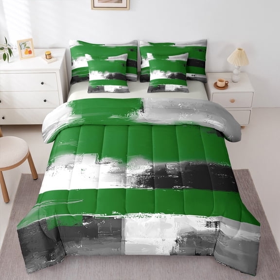 Manfei Female Men Minimalist Oil Painting Twin Bedding Sets 7-Piece,Grey Green Bedding Comforter Set Microfiber,Vintage Aesthetic Breathable Sheet Sets,Lightweight Room Decor,Reversible