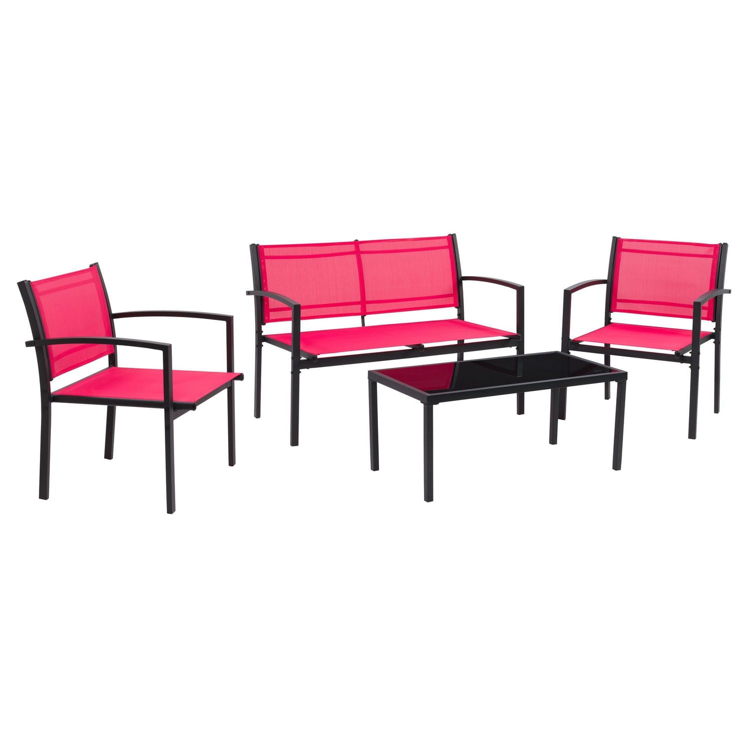 Ensemble de salon de jardin CorLiving Everett, 4 pièces, résistant aux intempéries, en maille et acier, sans coussins, avec chaises, causeuse et table, rouge