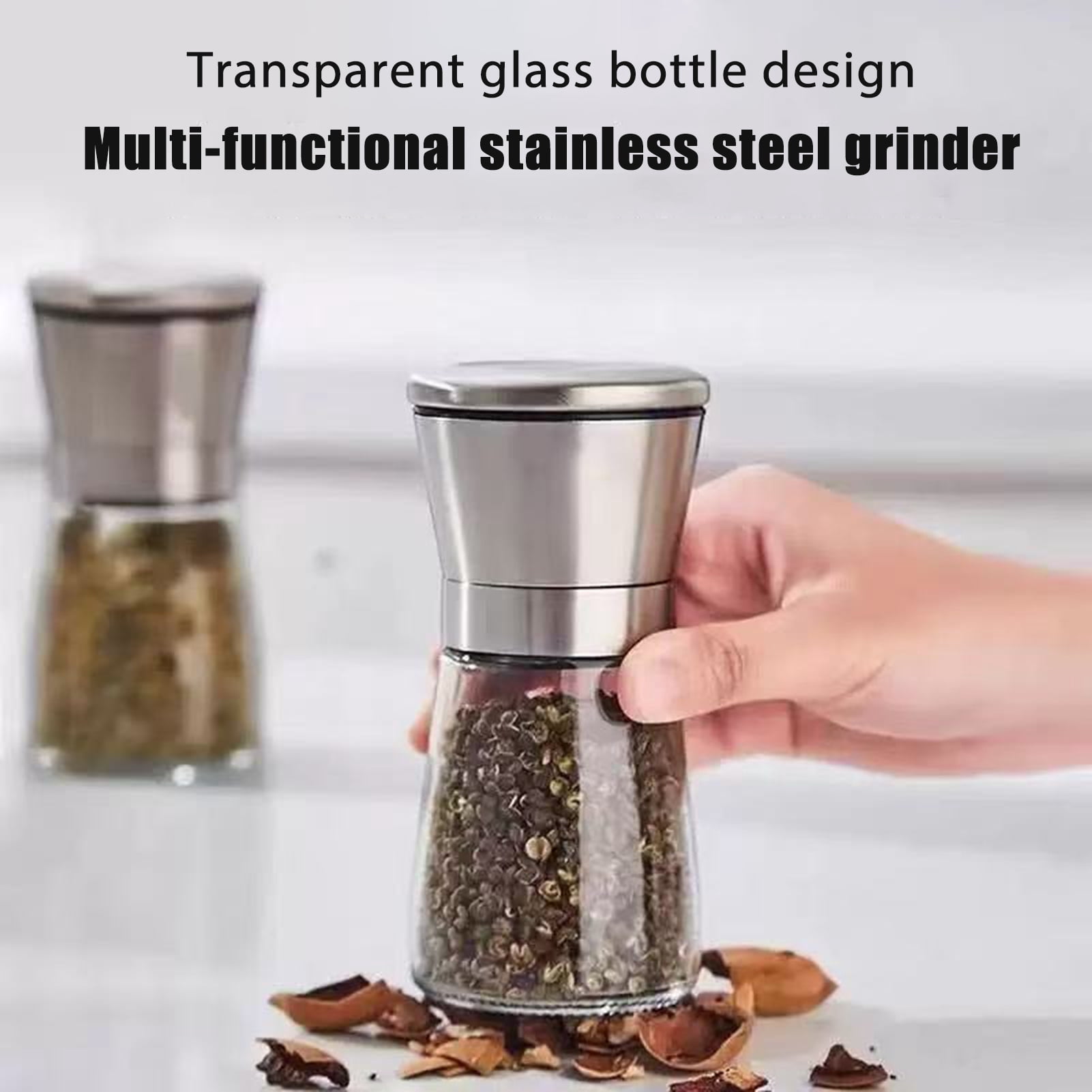 Jkung 2Pcs Pepper And Salt Grinder Refillable Stainless Steel Mill with Adjustable Coarseness Manual Spice Grinder for Kitchen Home Restaurant