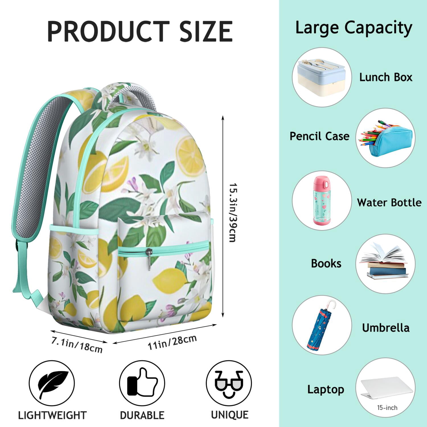 Fruit Lemon Print School Backpack - Waterproof & Breathable, Designed for Spinal Support, Ideal for Daily Use by College Students & Commuters