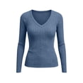 thumbnail image 7 of Oiangi Women Long Sleeve Slim-Fit Sweaters V Neck Knit Pullover Tops Fall Winter Soft Base Layer Blue S, 7 of 7