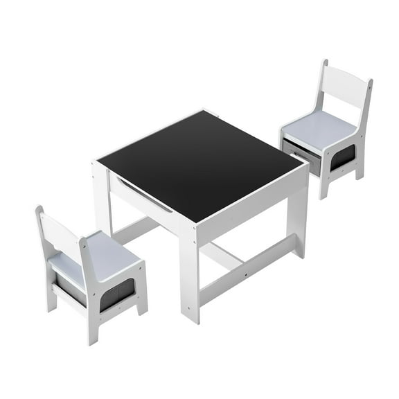 KFFKFF Kids Table and 2 Chairs Set with Storage, Wooden Toddler Desk for Activities, Art, Reading, and Learning, Includes Storage Space under Table and Chairs, White
