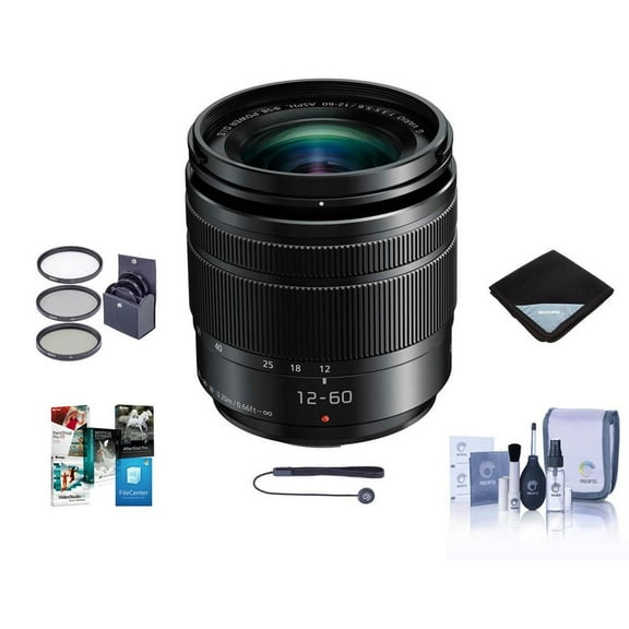 Panasonic Panasonic Lumix G Vario Lens, 12-60MM, F3.5-5.6 ASPH, Mirrorless Micro Four Thirds, Power Optical I.S. H-FS12060 (USA Black) Bundle with Filters, Lens Wrap, PC Photo/Video Software,