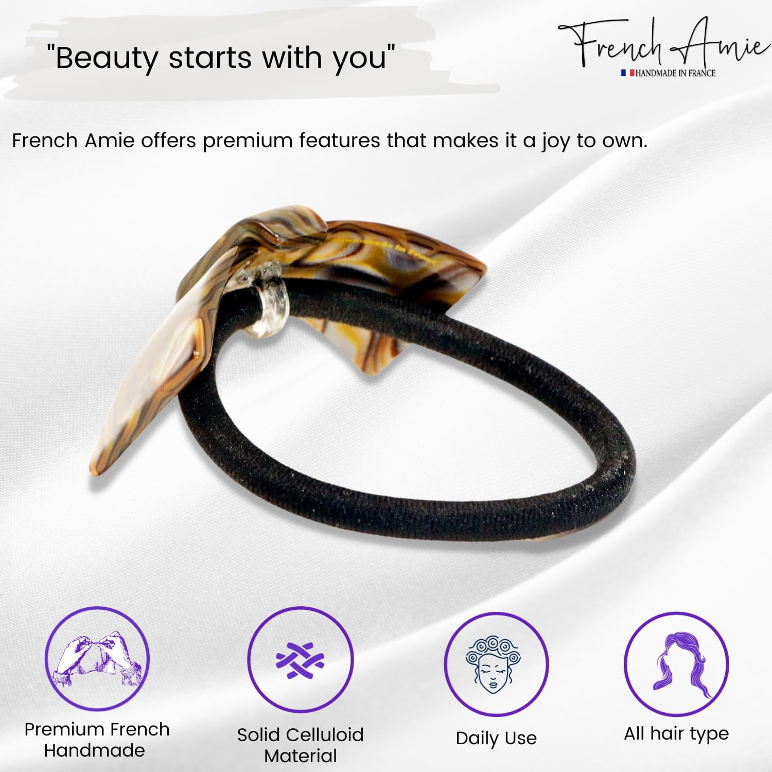 French Amie Bow Knot Handmade Celluloid Elastic Hair Tie for Women and Girls