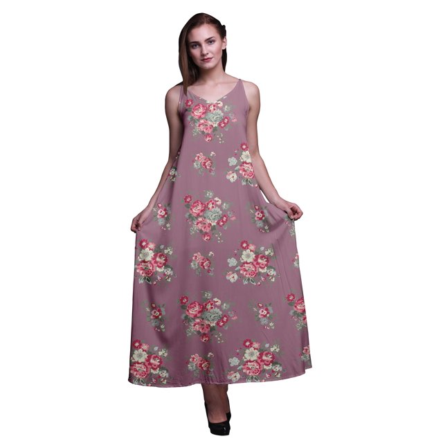 Bimba Robe Longue Sans Manches à Bretelles Spaghetti Imprimée Florale en Rayonne pour Femmes - TG