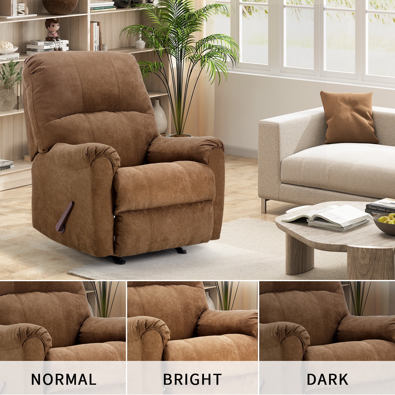 Ebello Manual Rocker Recliner Chair for Adults – Soft Fabric Reclining Sofa with Overstuffed Backrest, 300 lbs Weight Capacity,Brown