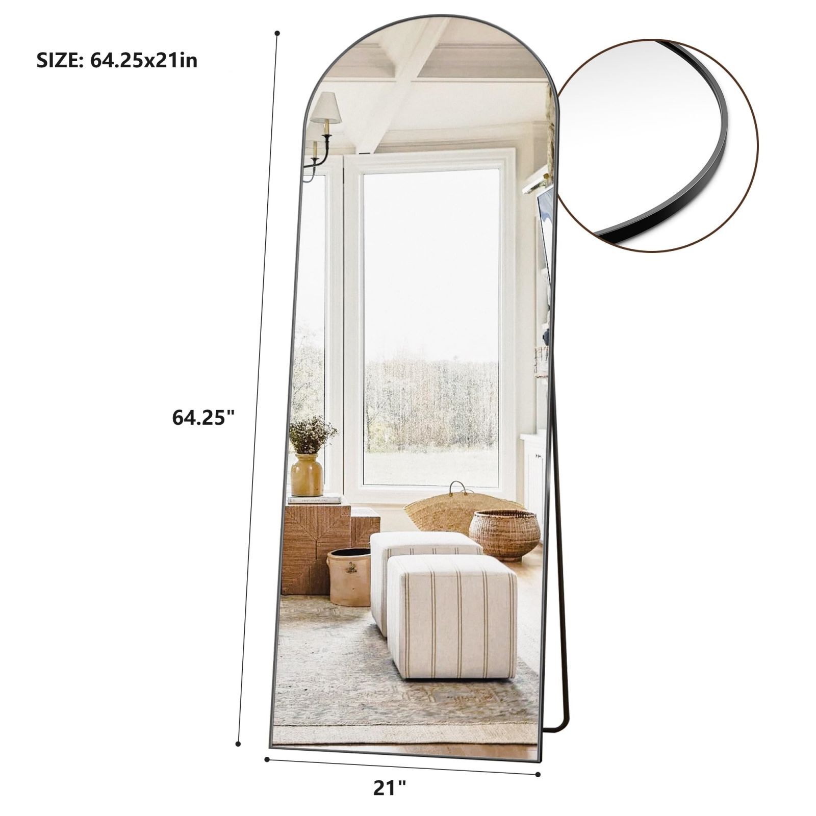 Anyrose 64.25"x 21" Arched Modern Full Length Floor Mirror Wall Mounted, Black