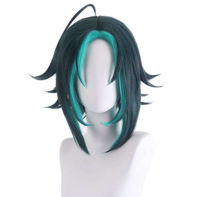 Peluca de cosplay bicolor verde oscuro y verde azulado de 40 cm para adolescentes