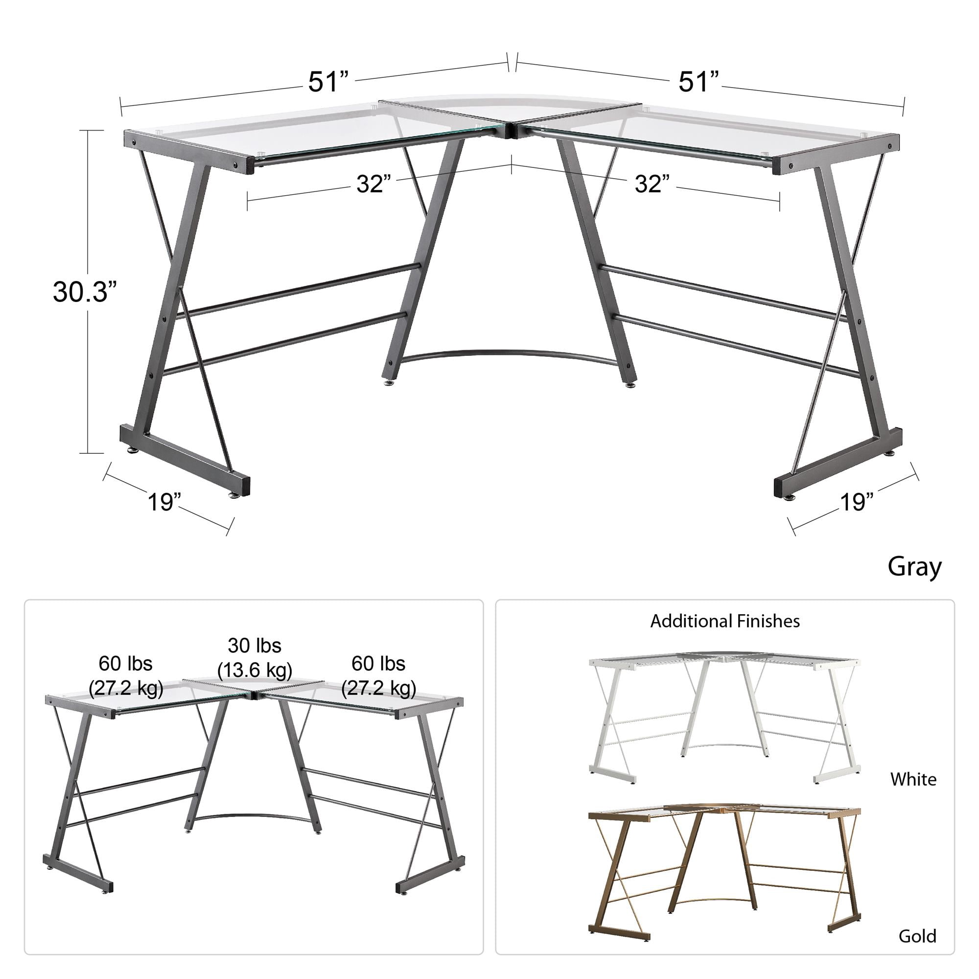 Ameriwood Home Perth Glass L-Shaped Computer Desk, Gold