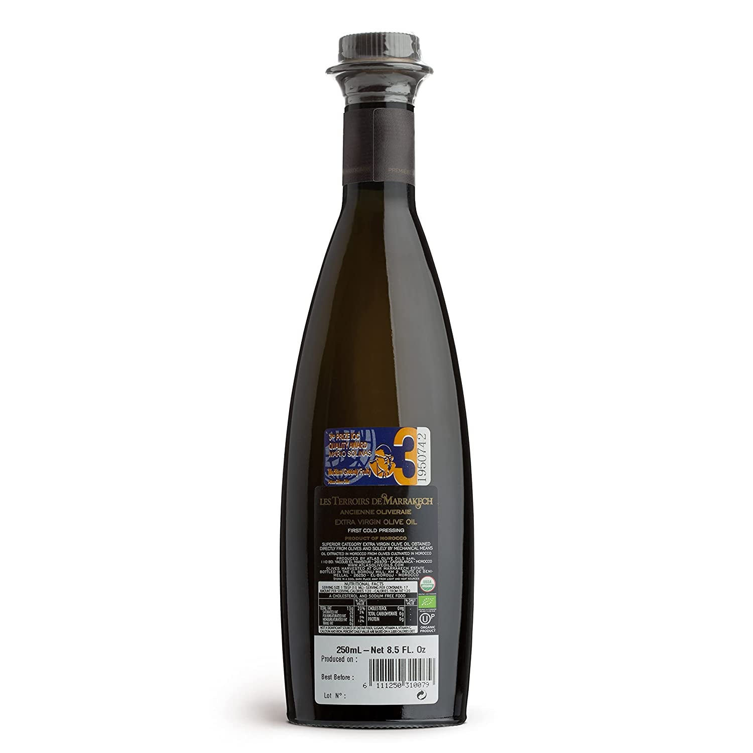 LES TERROIRS DE MARRAKECH Moroccan Organic Extra Virgin Olive Oil, Polyphenol Rich, Cold Pressed from Bicentenary trees, 8.5 Fl Oz Glass Bottle