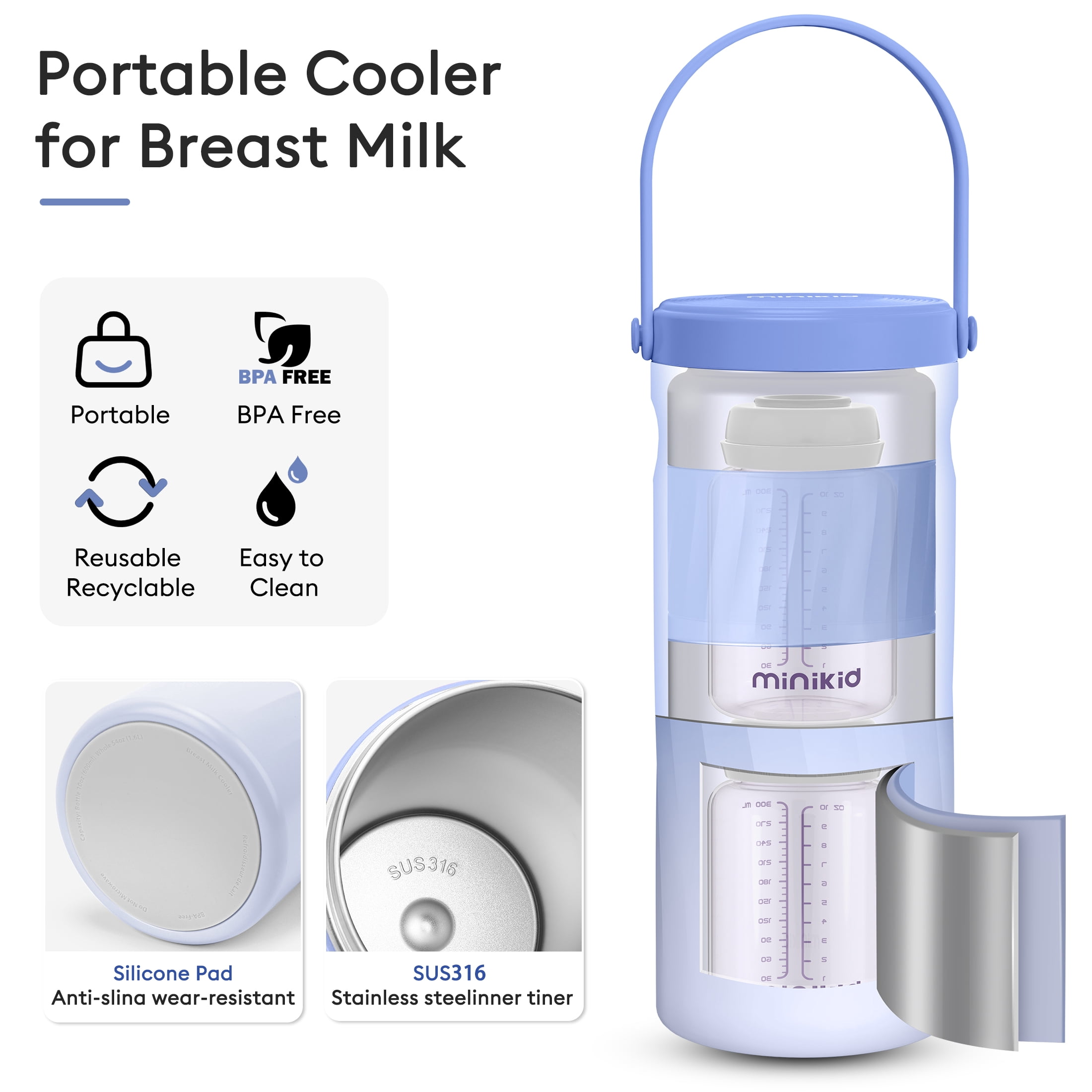 Minikid 20oz Portable Breast Milk Cooler,24H+ Extended Outdoor Cooling,Travel Breastmilk Chiller with 2 Milk Bottles,Purple