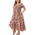 thumbnail image 4 of GRACE & GRANDEUR Robe Maxi Bohème à Fleurs pour Femme Grande Taille à Manches Courtes, Encolure Carrée, Smockée 4X Rouge, 4 of 6