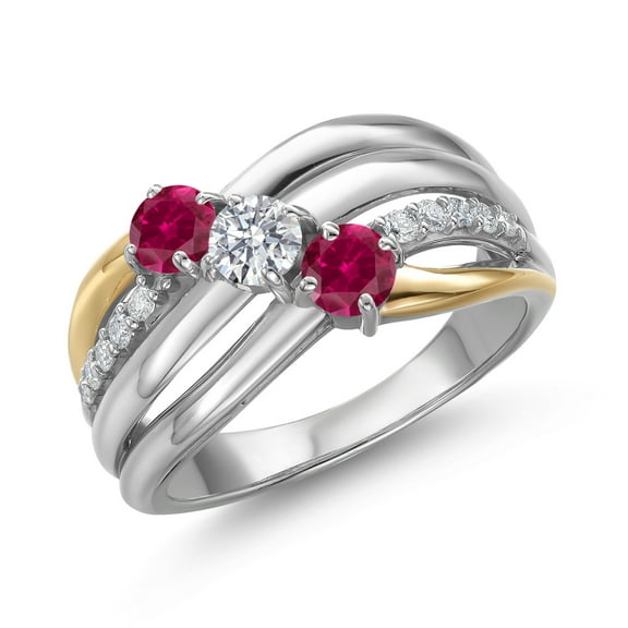 Gem Stone King 925 Silver and 10K Yellow Gold Red Created Ruby and Lab Grown Diamond Engagement Ring for Women | 0.92 Cttw | Round 4MM | July Birthstone | Size 7