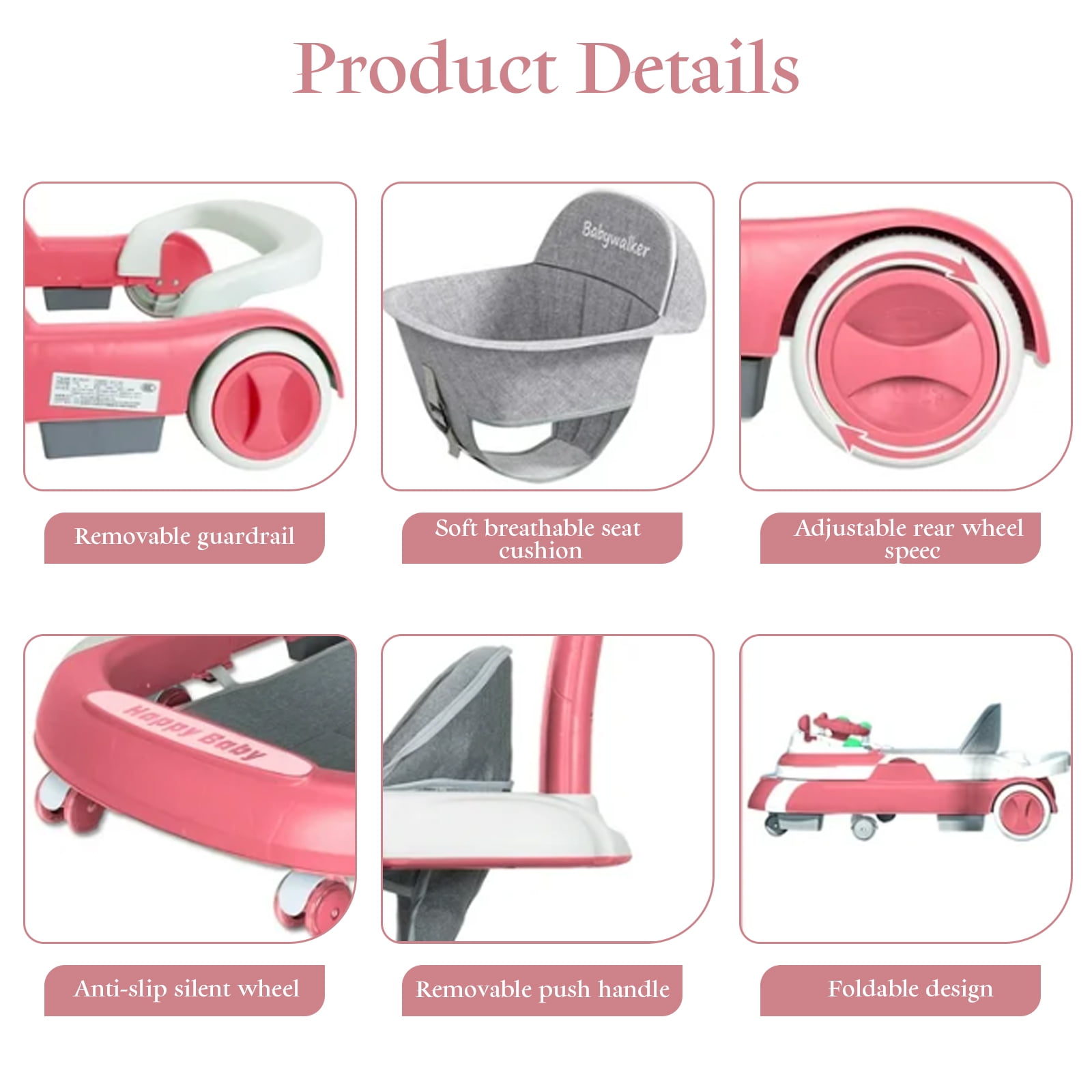LUOLUO 5-in-1 Foldable Baby Walker with Foot Pads/Handles for Boys and Girls 6-24 Months,Height-Adjustable Push Walker, Pink