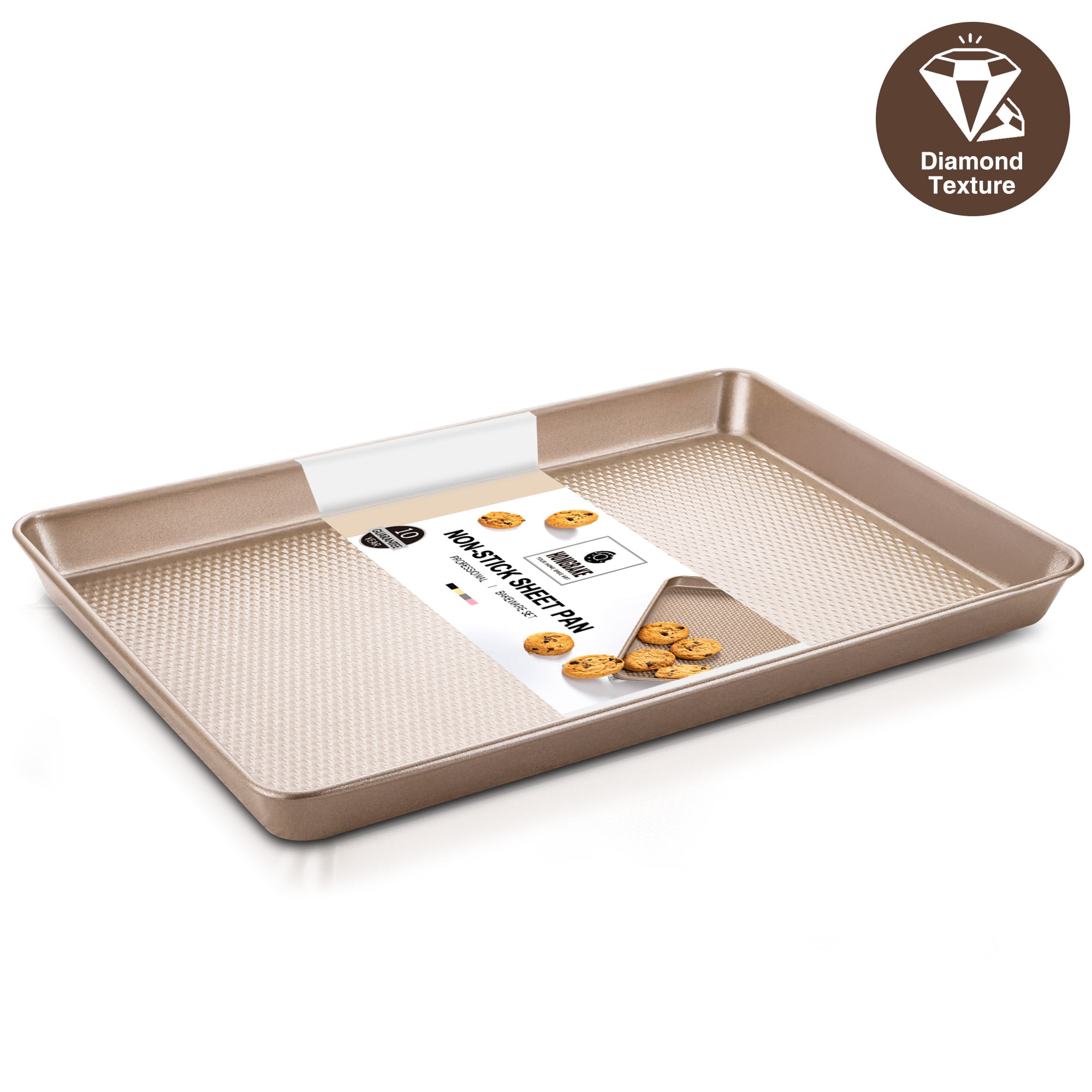 HONGBAKE Jelly Roll Pan 15x10 with Diamond Texture, Cookie Sheet for Baking, Non Stick Baking Sheet Pan for Oven, Heavy Duty Baking Trays Non Toxic, 57% Thicker Carbon Steel, Gold