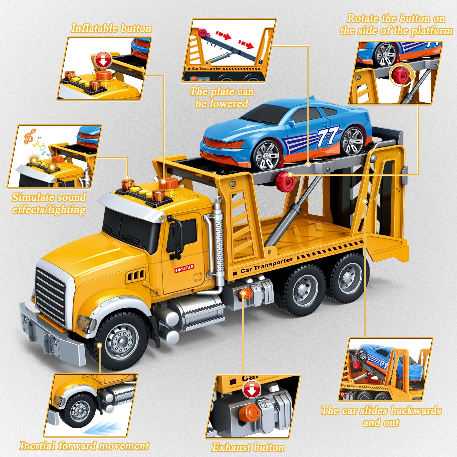 Kids City Carrier Truck with Car Toys, 15" Large Carrier Car Rescue Toy, Friction Powered Transport Rescue Truck Toy with Lights and Sounds, Play Vehicle Toys for Kids