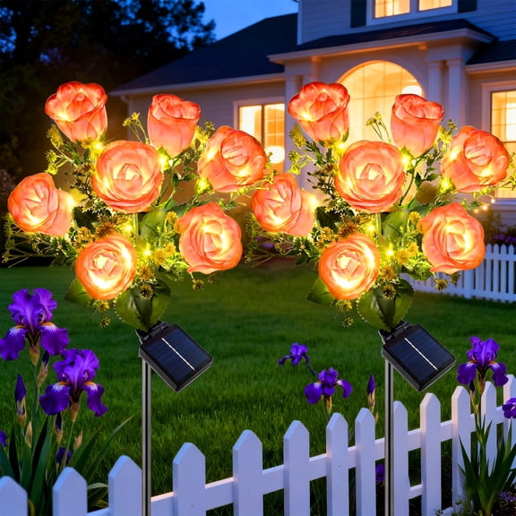Rirool Solar Rose Flower Lights Outdoor 2 Pack, 7 Heads Pink Rose Solar Garden Lights with 8 Lighting Modes, Waterproof Auto On/Off Solar Lights for Yard Patio Lawn Pathway Decor