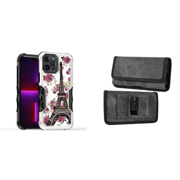 Case and Pouch Bundle for iPhone 14: Heavy Duty Armor Rugged Case (Eiffel Tower Flowers) and Rugged Denim Nylon Belt Holster (Grey)