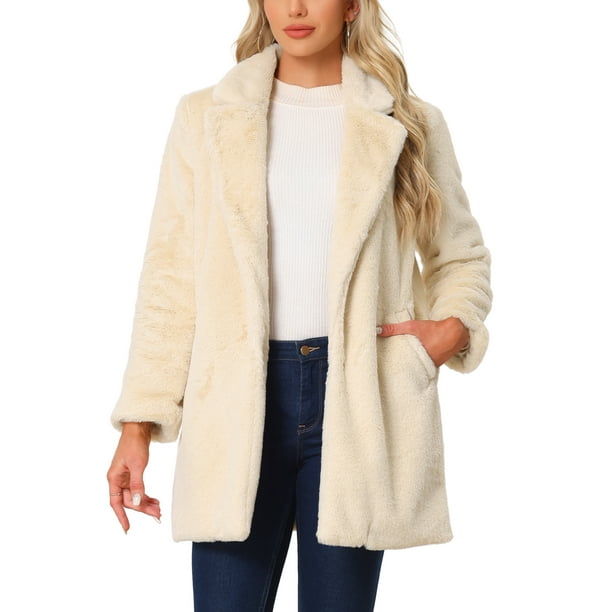 Abrigo de piel sintética con solapa INSPIRE CHIC para mujer, chaqueta cálida y difusa de invierno con bolsillos S color albaricoque
