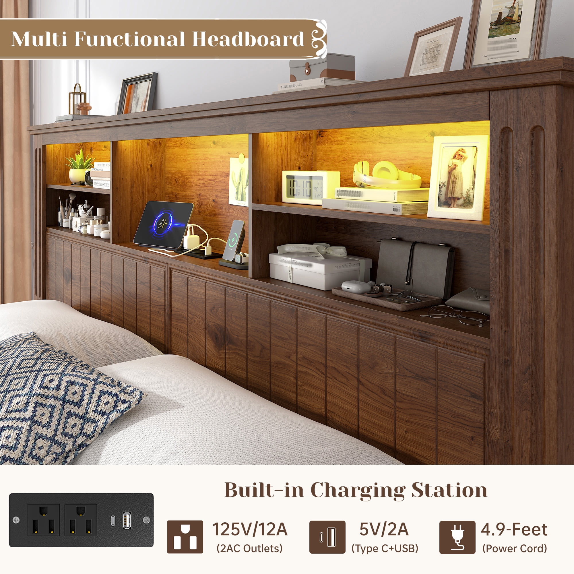 EnHomee King Size Bed Frame with 4 Storage Drawers Platform Bed Frame metal with Headboard and Storage Framhouse Bed Frame with LED Lights & Charge Station, Brown