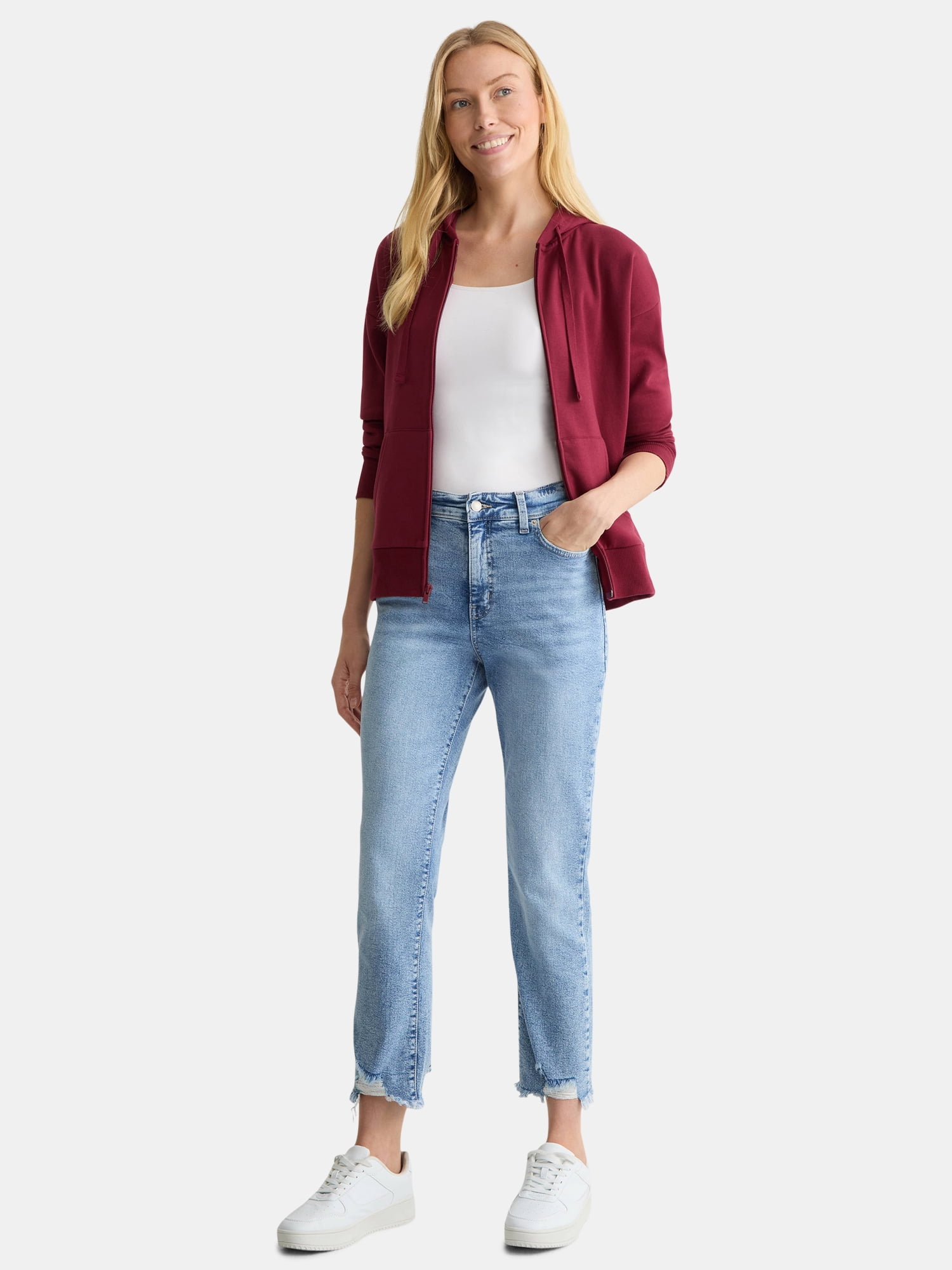 Time and Tru Women's High Rise Straight Leg Destructed Hem Jeans, 26" Inseam, Sizes 0-20