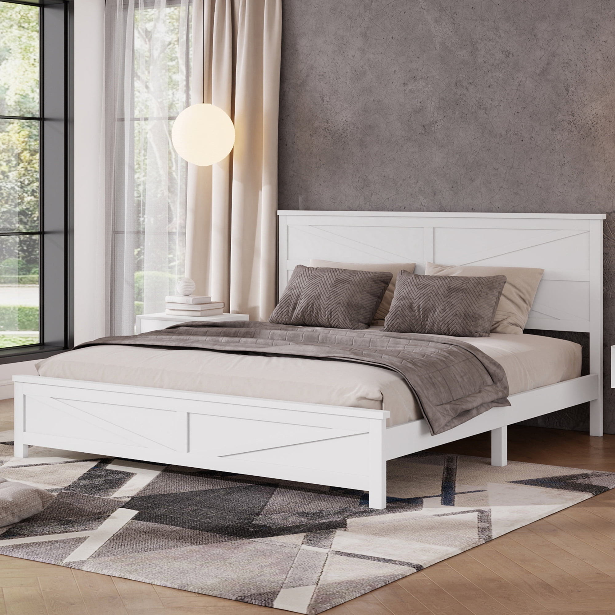 Mintazer Farmhouse King Size Platform Bed with Under-Bed Storage, Platform Bed Frame with Headboard & Footboard for Bedroom, White
