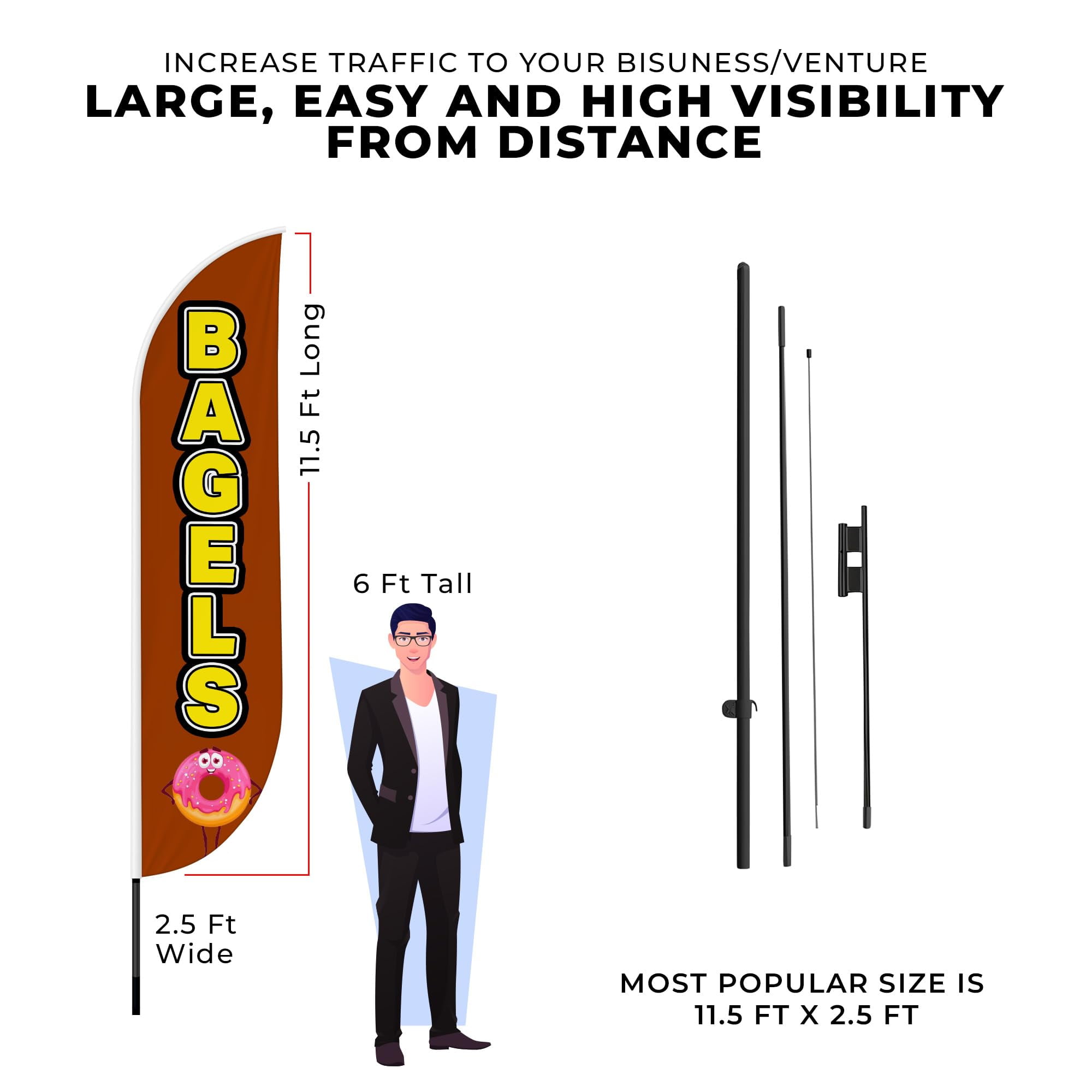 Bagels Feather Flag(11.5feetX2.5feet) by DreamController | Outdoor Business Advertising Tall Flag | Weather-Resistant Knitted Swooper Flag | Made in USA | HD Print (Flag Only)