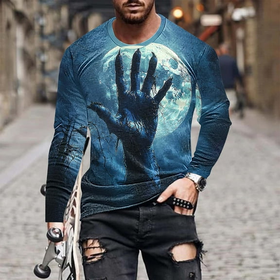 YOIAVAIOY Graphic Long Sleeve Shirts for Mens Witch Print Crewneck T shirt Novelty Halloween Tops Festival Trendy Blouse Navy M