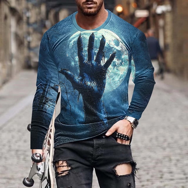 Yusimy T-shirts Décontractés d'Halloween pour Hommes Manches Longues Col Rond Imprimé Graphique Chandail Mode Thème Vacances
